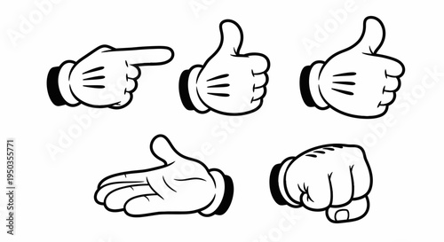 Set of black and white outline cartoon hands showing various gestures including pointing, thumbs up, open palm, and fist on an isolated white background.