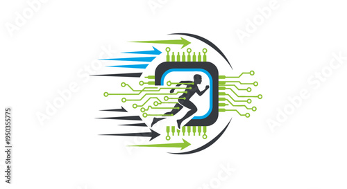 Running man inside a digital circuit icon with speed arrows, depicting technology and progress on an isolated white background.