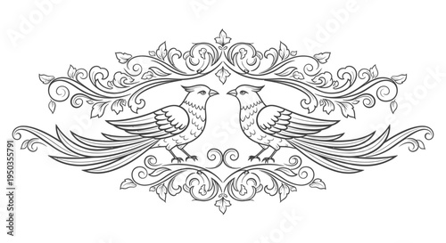 Monochrome decorative illustration of two birds perched on an elaborate branch with symmetrical floral and leaf patterns, isolated white background.