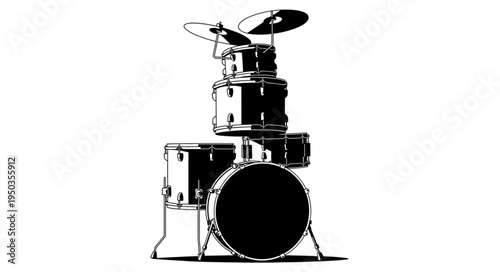 Monochrome Drum Set Illustration - A Rhythmic Symphony in Black and White.