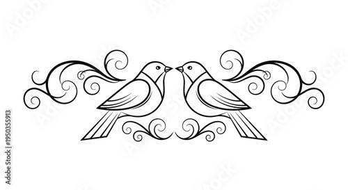 Elegant line art illustration of two ornate birds with decorative swirling elements, ideal as a vintage border on an isolated white background.