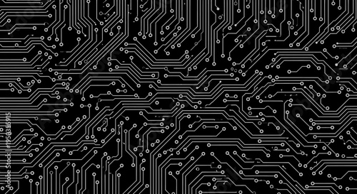 Seamless circuit board pattern forming a dense technological background on a dark black surface.