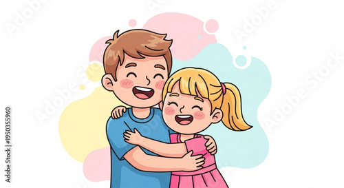 Smiling boy and girl hugging happy children brother and sister colorful background illustration kids embracing joyful siblings cartoon style friendship love youth innocence pastel