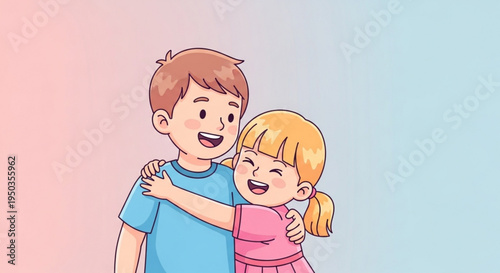 Smiling children brother and sister hugging happy kids colorful background illustration family love sibling bond youth joy affectionate tender moment childhood friendship
