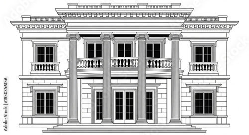 Architectural Drawing of a Grand Classical Building Facade.