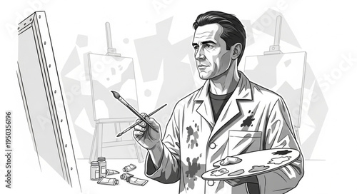 Focused artist in studio, holding brush and palette, creating art.