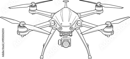 "Detailed line drawing of quadcopter drone with mounted gimbal camera, aerodynamic body, sensors, and landing legs, ideal for aerial photography, videography, surveillance, mapping, and technology 