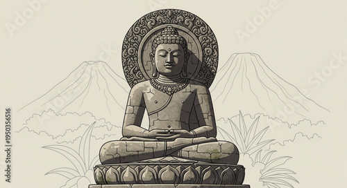 Serene Buddha Statue in Meditative Pose with Ornate Halo.
