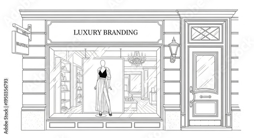 Elegant Luxury Branding Boutique Facade with Mannequin Display.