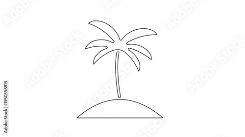 Palm tree icon with its trunk and leaves on a small island against a white background, simple line art.