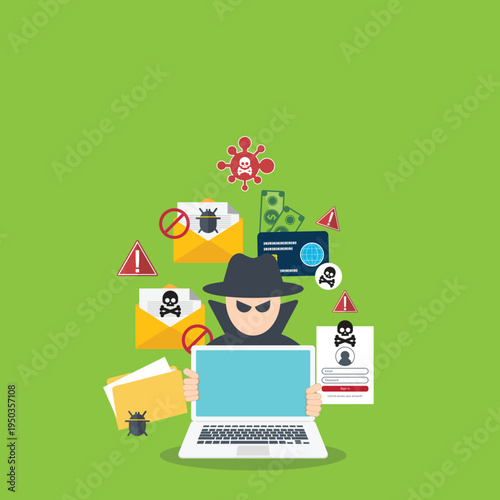 Cybersecurity Hacker Phishing Attack with Malware Virus Email Scam and Data Theft Online Fraud Security Threat Vector Illustration