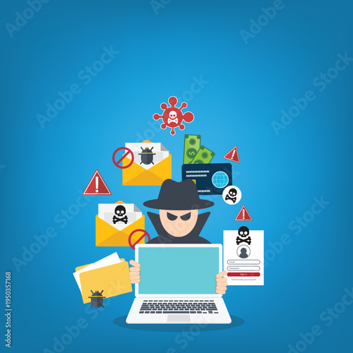 Cybersecurity Hacker Phishing Attack with Malware Virus Email Scam and Data Theft Online Fraud Security Threat Vector Illustration