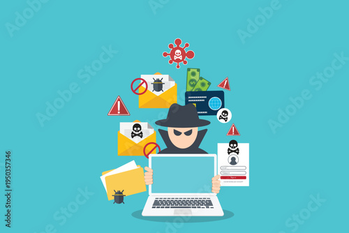 Cybersecurity Hacker Phishing Attack with Malware Virus Email Scam and Data Theft Online Fraud Security Threat Vector Illustration