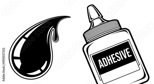 Illustration of Adhesive Bottle with Glue Droplet, Black and White.