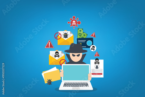 Cybersecurity Hacker Phishing Attack with Malware Virus Email Scam and Data Theft Online Fraud Security Threat Vector Illustration