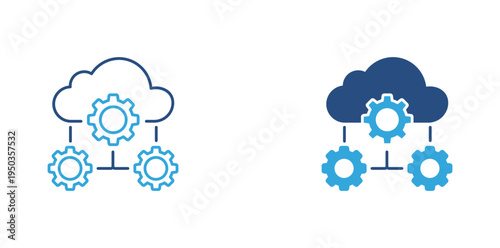 Cloud workflow icon set. Cloud with connected gears icon, data processing and system automation concept. Vector illustration.