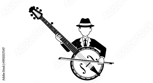 Man in Suit Playing Banjo with Bow in Black and White.