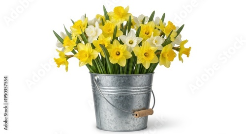 A beautiful bouquet of vibrant yellow and white daffodils arranged in a rustic galvanized bucket