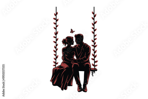 Beautiful couple sitting on a floral swing surrounded by leaves and a butterfly in romantic silhouette style for wedding or engagement art