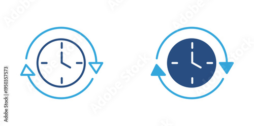 Time cycle icon set. Clock with circular arrows icon, schedule, refresh and time management concept. Vector illustration.