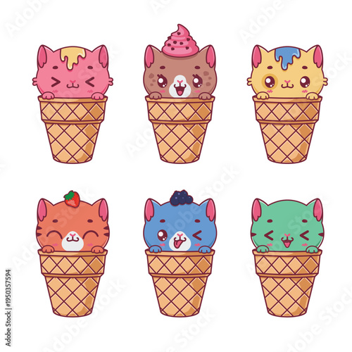 Cute illustration of cats as ice cream flavors in cones