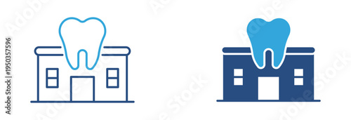 Dental clinic building icon set. Tooth above hospital building icon, dentist clinic and oral healthcare concept. Vector illustration.