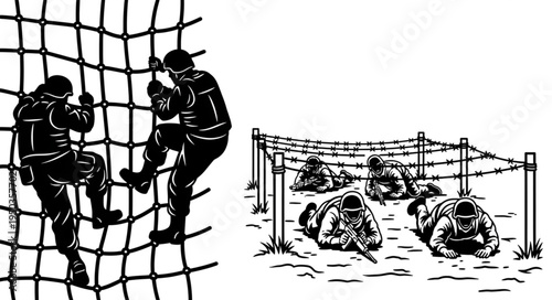 Military Obstacle Course - Soldiers Training on Net and Crawling Under Barbed Wire.