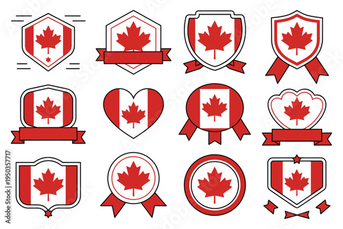 Collection of canadian maple leaf emblems badges crests shields and ribbons in red and black outlines vector set