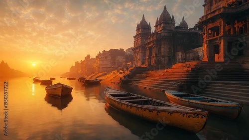 varanasi ghats at sunrise on the ganges river india