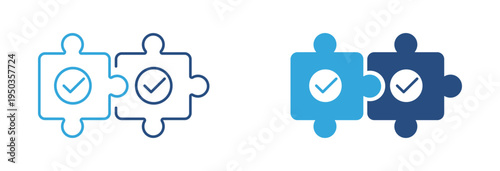 Puzzle integration icon set. Connected puzzle pieces with check mark icon, teamwork, solution and successful connection concept. Vector illustration.