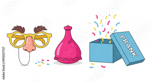 Cartoon prank items with glasses nose rubber bulb and confetti box on white background for humorous party concepts