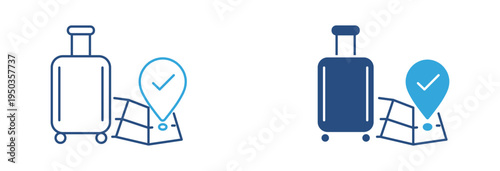 Travel location icon set. Suitcase with map and location pin icon, trip planning and navigation concept. Vector illustration.