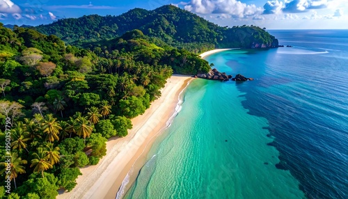 Aerial view of a stunning tropical beach with turquoise water and lush green vegetation.
