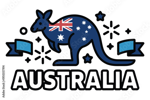 Cute kangaroo silhouette with australian flag design on body and word australia below with stars and ribbons vector