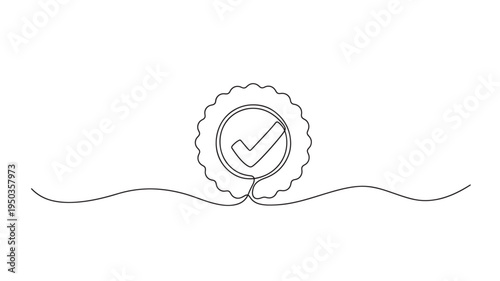 Badge checkmark icon with scalloped edges and wavy line abstract background, representing approval and quality assurance in a simple line art design.