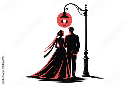 Elegant wedding couple standing under vintage street lamp with heart light silhouette of bride and groom in romantic evening outdoor scene