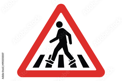 Pedestrian crossing warning sign icon showing person walking on zebra stripes within red triangle border on transparent background vector