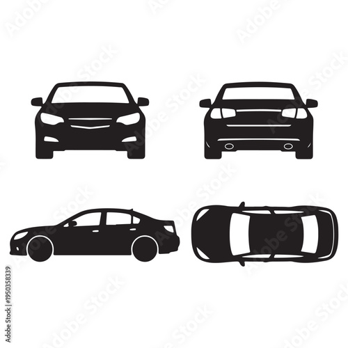 Car Silhouette Blueprint – Front, Rear, Side & Top View Vector