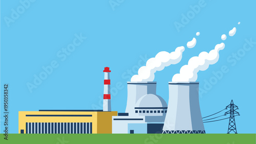 vector illustration of a nuclear power plant, lineless, simple cartoon style, cartoon