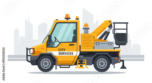 Yellow City Services Truck with Aerial Lift and Basket on Street, Urban Background