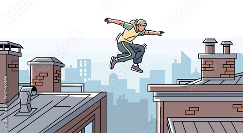 Young man parkour jumping between rooftops in urban cityscape