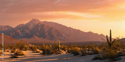 Desert landscape features mountains, cacti, shrubs bathed in warm sunset light. Scenic view evokes arid beauty, peaceful atmosphere.