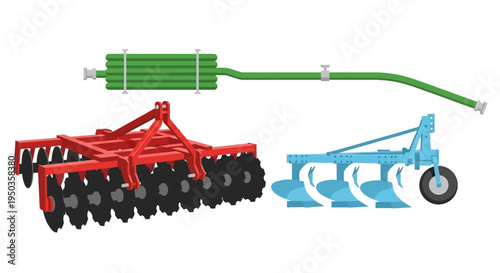 Agricultural Machinery: Disc Harrow, Plow, and Seed Drill - Farming Equipment Illustration