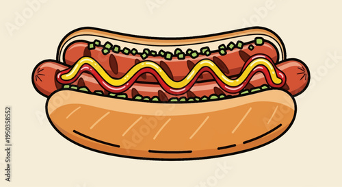 Delicious Hot Dog with Mustard and Ketchup on a Bun, Topped with Relish