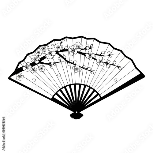 Elegant Japanese Fan with Cherry Blossoms - Black and White Illustration