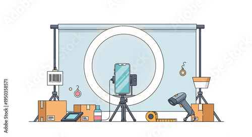 E-commerce Product Photography Setup: Ring Light, Smartphone, Scanner, Boxes, and Tape