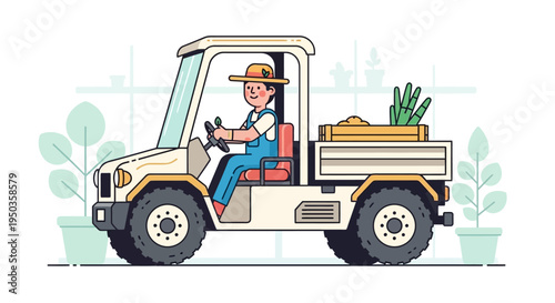 Farmer Driving Utility Vehicle with Harvested Produce in Back
