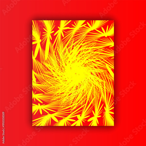 Abstract Yellow Starburst Spiral on Red Background.