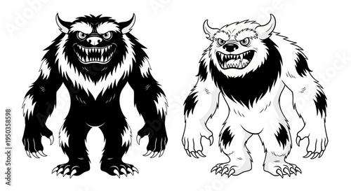 Fierce Monster Duo: Black and White Cartoon Creatures