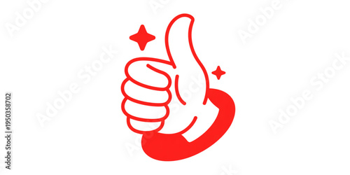 A bright red graphic illustration of a hand showing a thumbs up gesture with sparkling star icons Vector
